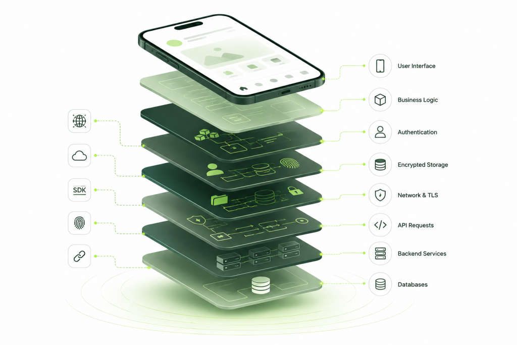Exploded mobile application architecture showing client, authentication, APIs, backend services, and data layers.