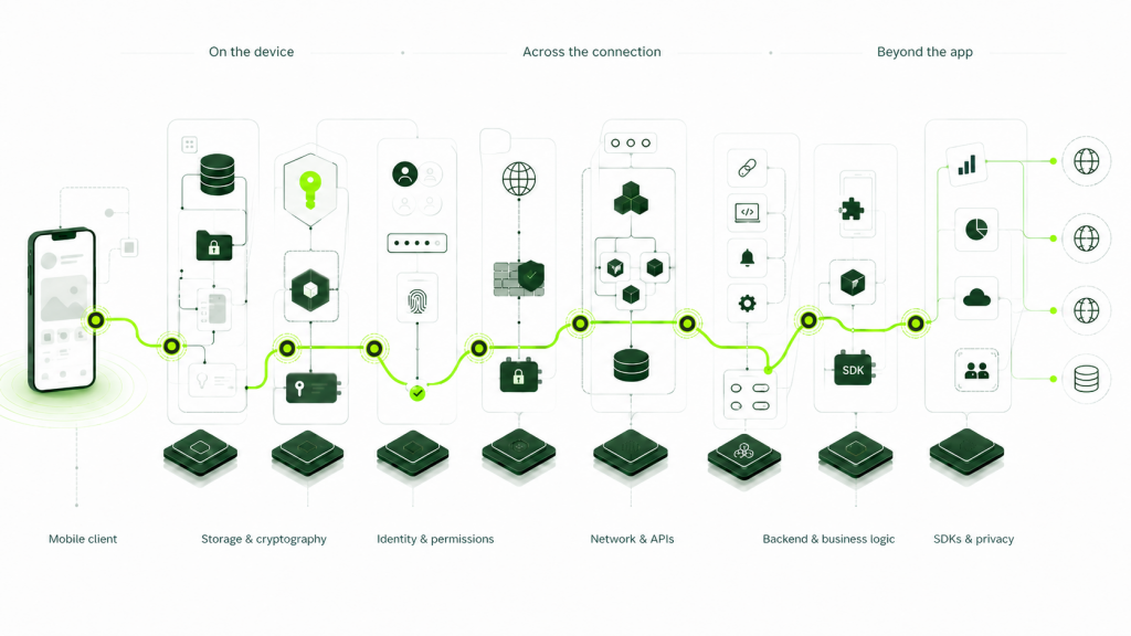 Mobile penetration testing coverage across the device, network, APIs, backend logic, SDKs, and privacy controls. 