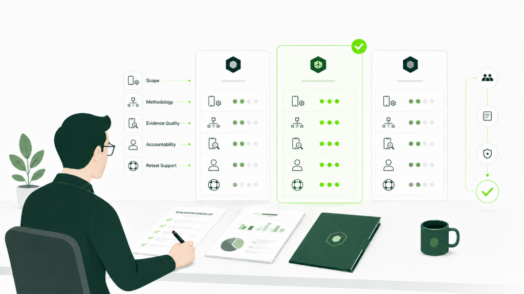 Security lead reviewing multiple mobile app penetration testing providers and shortlisting one based on scope, methodology, evidence quality, accountability, and retest support. 