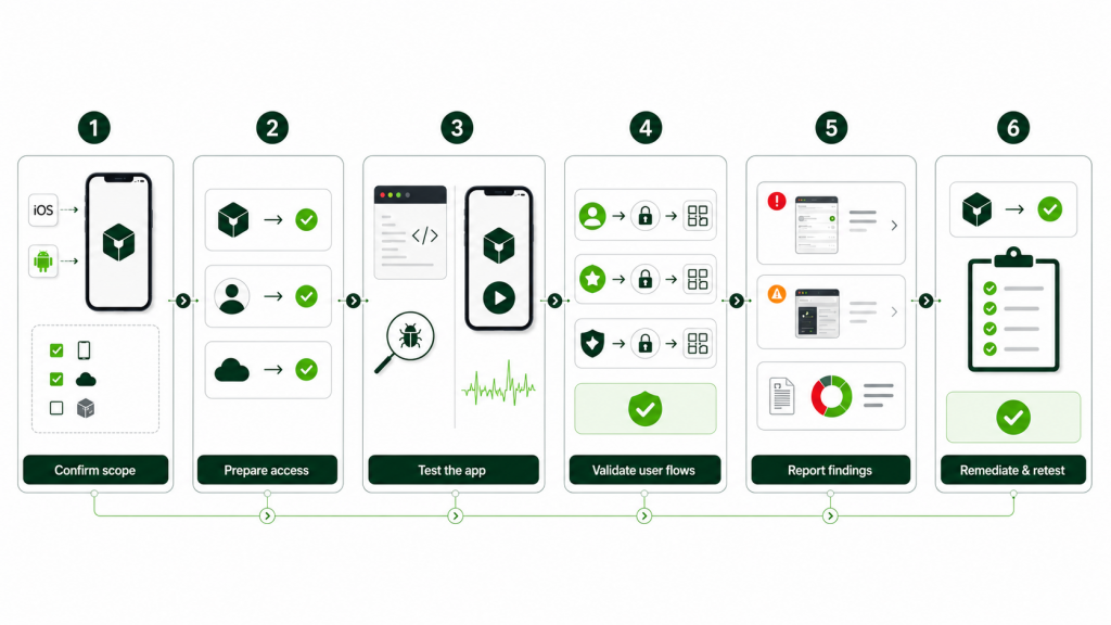 Six-stage mobile penetration testing process from confirming scope to remediation and retesting. 
