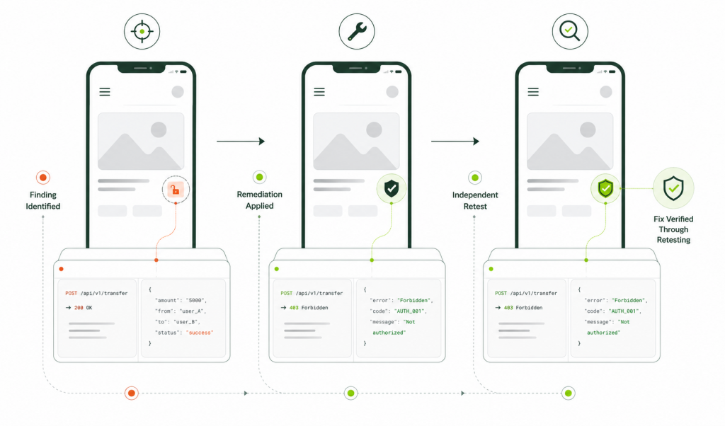Security findings moving from validation and reporting to remediation and retest verification. 
